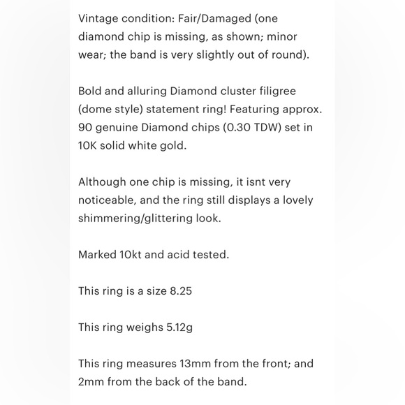 Vintage 10K Diamond filigree Dome Ring: White Gold Striped Cluster Size 8.25 - Picture 11 of 11